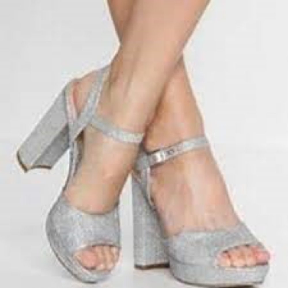 Madden Girl Shaarp Silver Open Toe Platform Heels